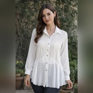 Chic White Lace Button-Down Shirt